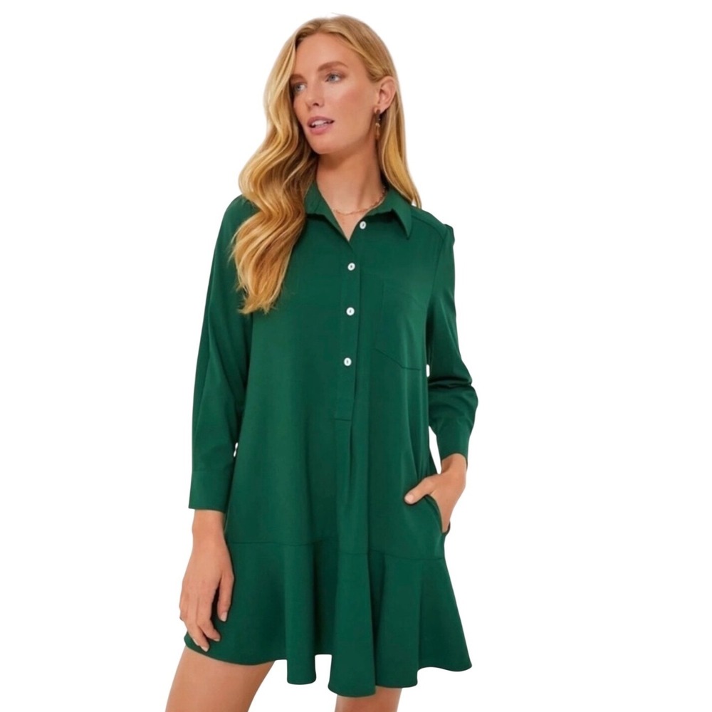 Tuckernuck Callahan Crepe Shirt Dress  Button Front Long Sleeve Hunter Green XS